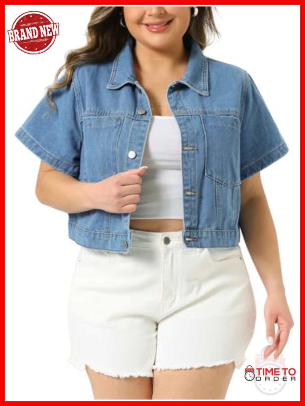 Women's Plus Size Cropped Denim Jacket Button Front Jean Jacket Short Sleeve